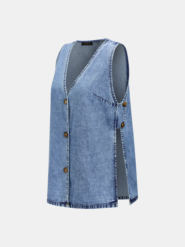 Side Slit Denim Vest &amp; Drawstring Shorts Set