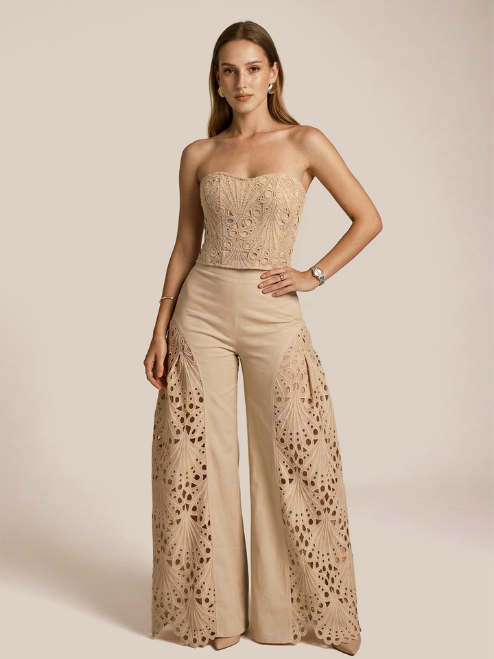 Strapless Eyelet Top &amp; Wide Leg Pants Set