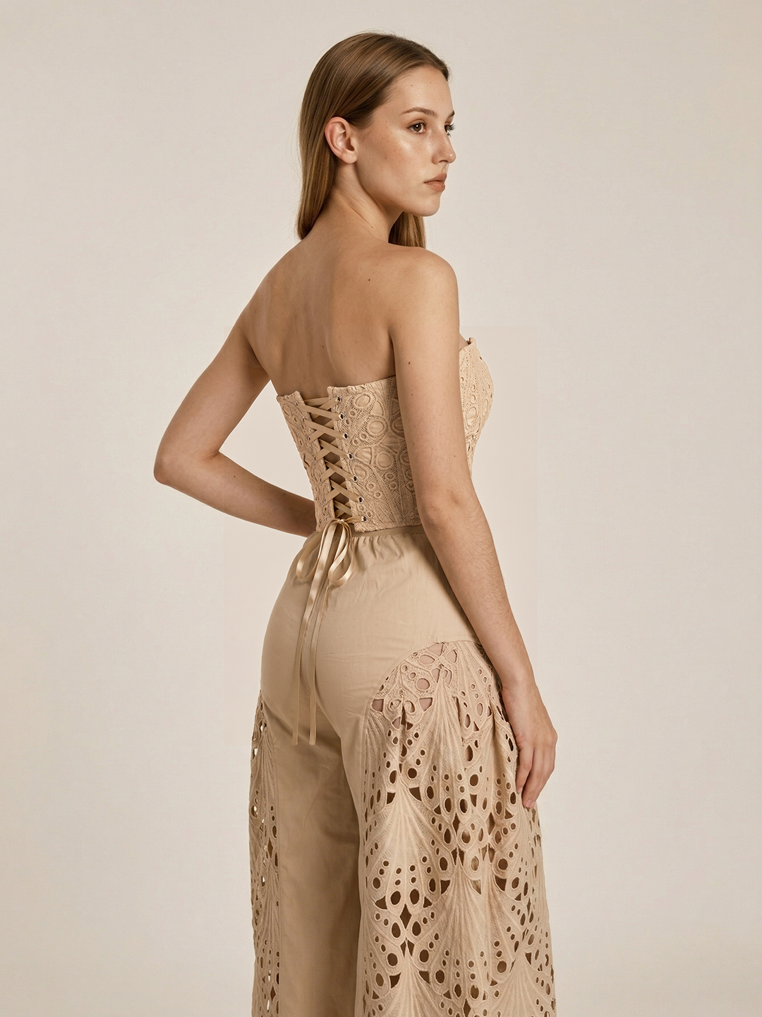 Strapless Eyelet Top &amp; Wide Leg Pants Set