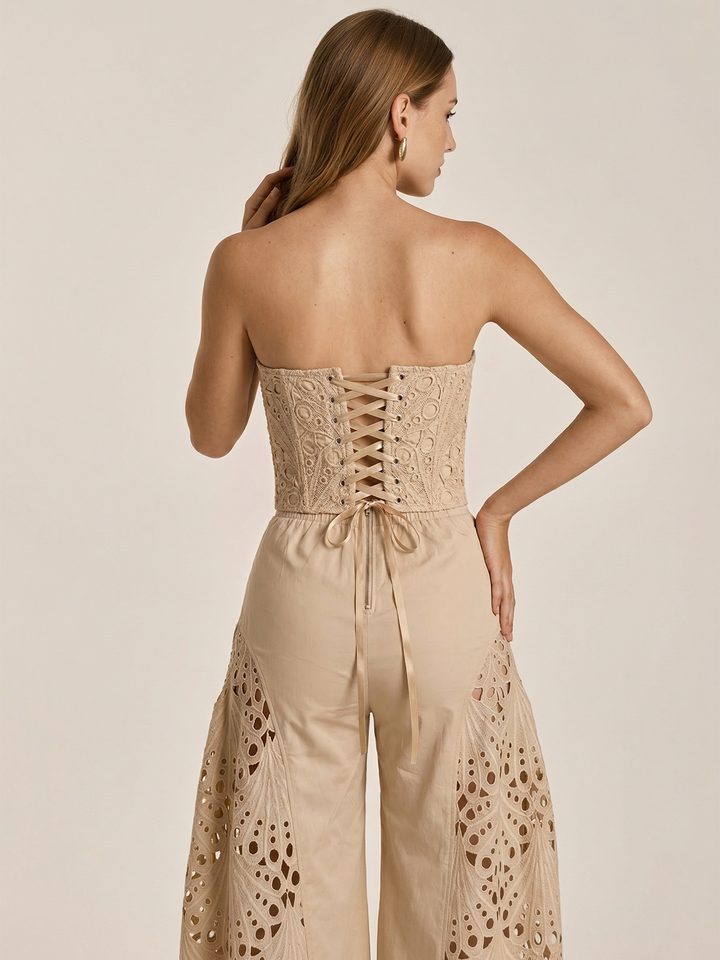 Strapless Eyelet Top &amp; Wide Leg Pants Set
