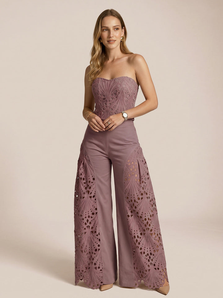 Strapless Eyelet Top &amp; Wide Leg Pants Set
