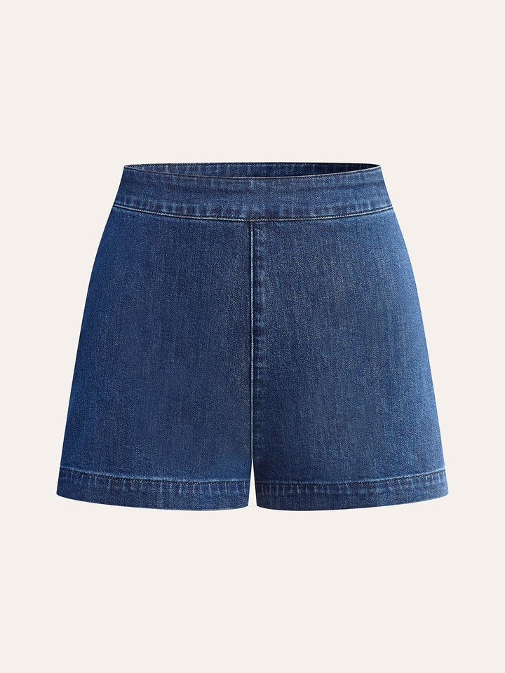 Metal Button Tie-Back Denim V-Neck Shorts Set