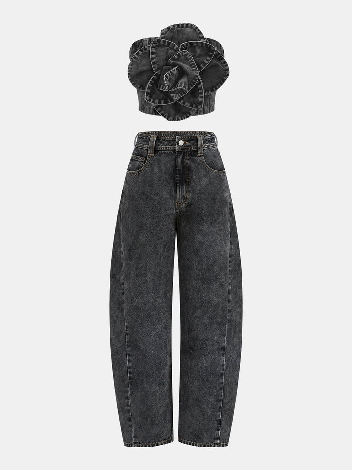 3D Rose Applique Denim Tube Top
