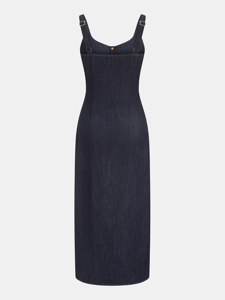 Button Front Denim Midi Dress