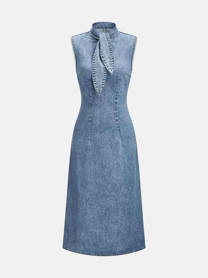 Denim Tie-Neck Midi Dress
