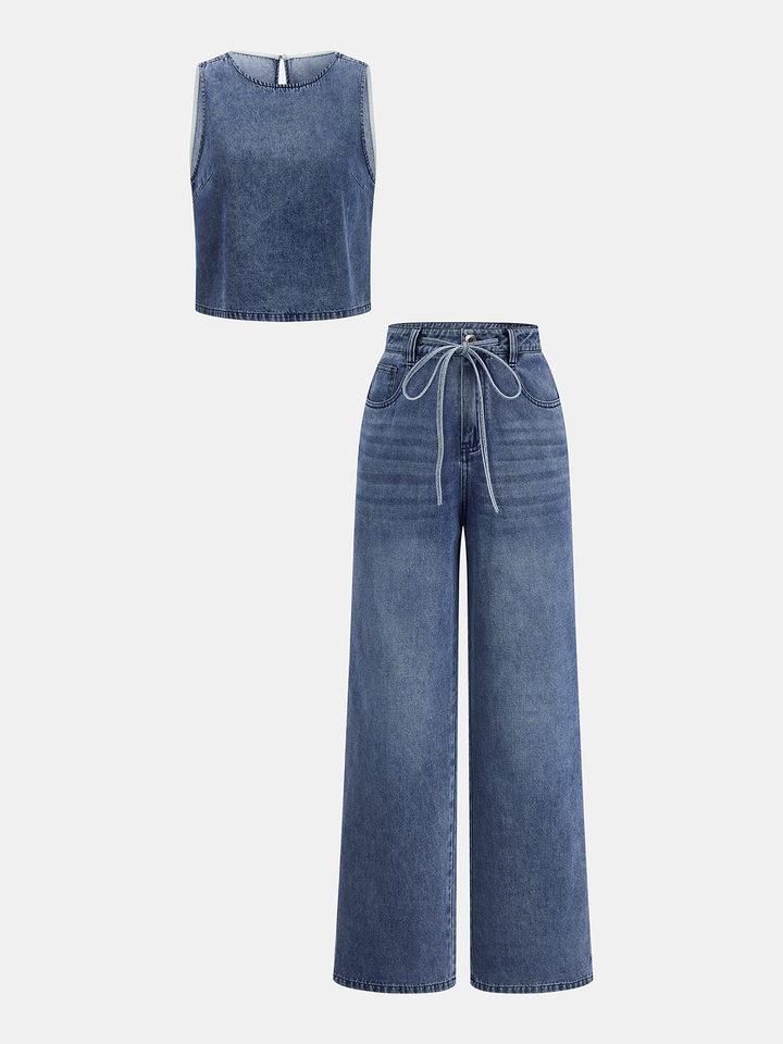 Sleeveless Denim Top &amp; Drawstring Jeans Set