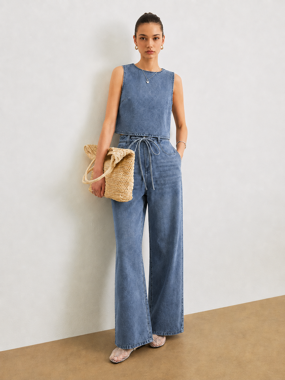 Sleeveless Denim Top &amp; Drawstring Jeans Set
