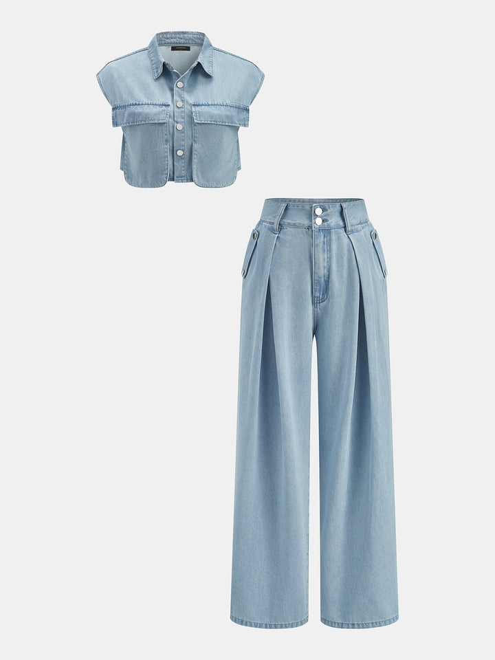 Sleeveless Crop Denim Top &amp; Pleated Pants Set