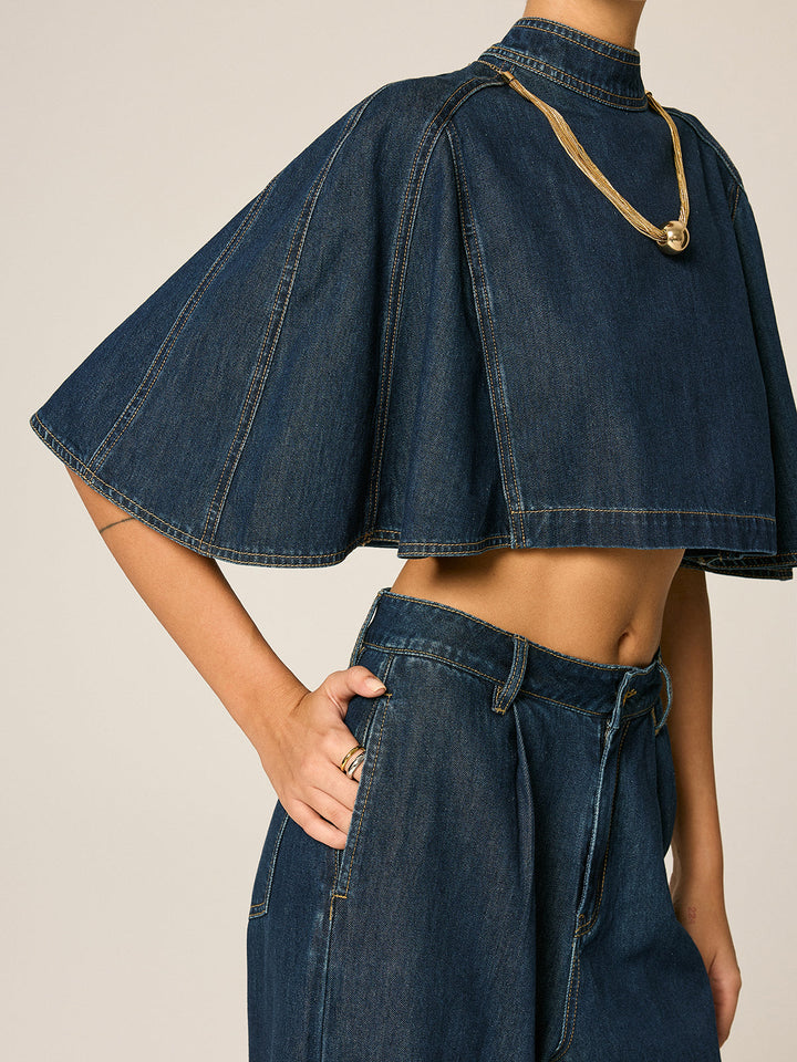 Cape Sleeve Back Zipper Cropped Denim Top