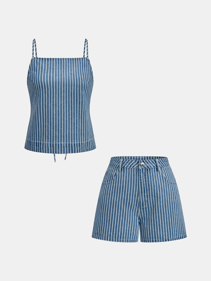 Striped Denim Tie Back Cami Top &amp; Short Set