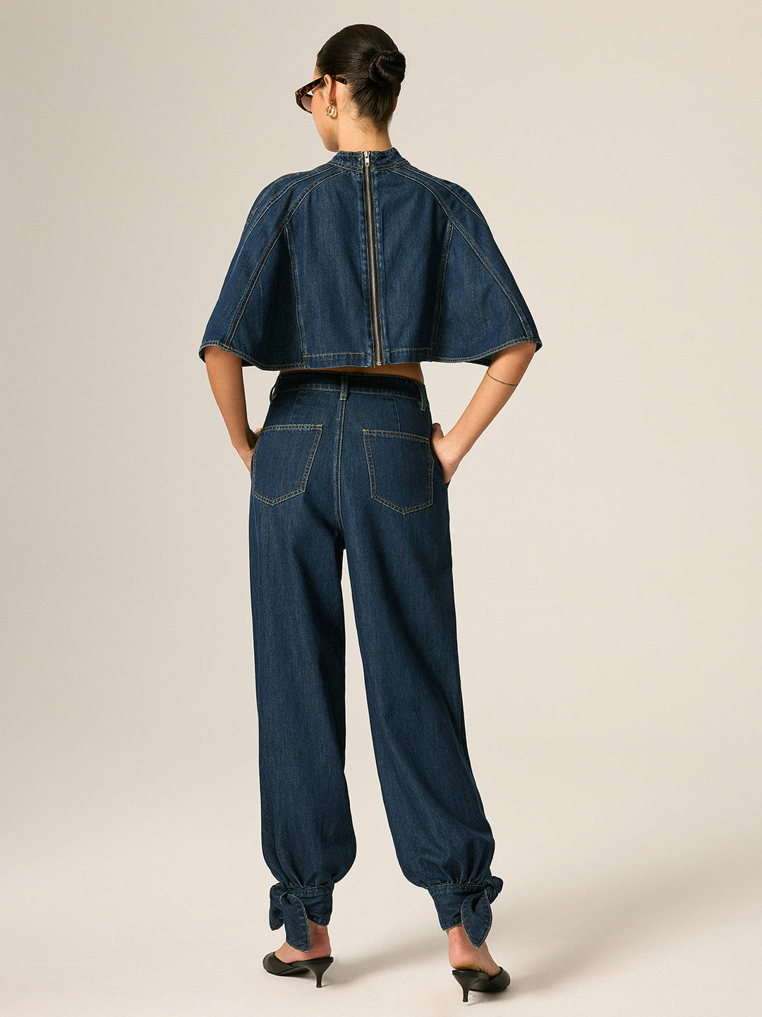 Cape Sleeve Back Zipper Cropped Denim Top