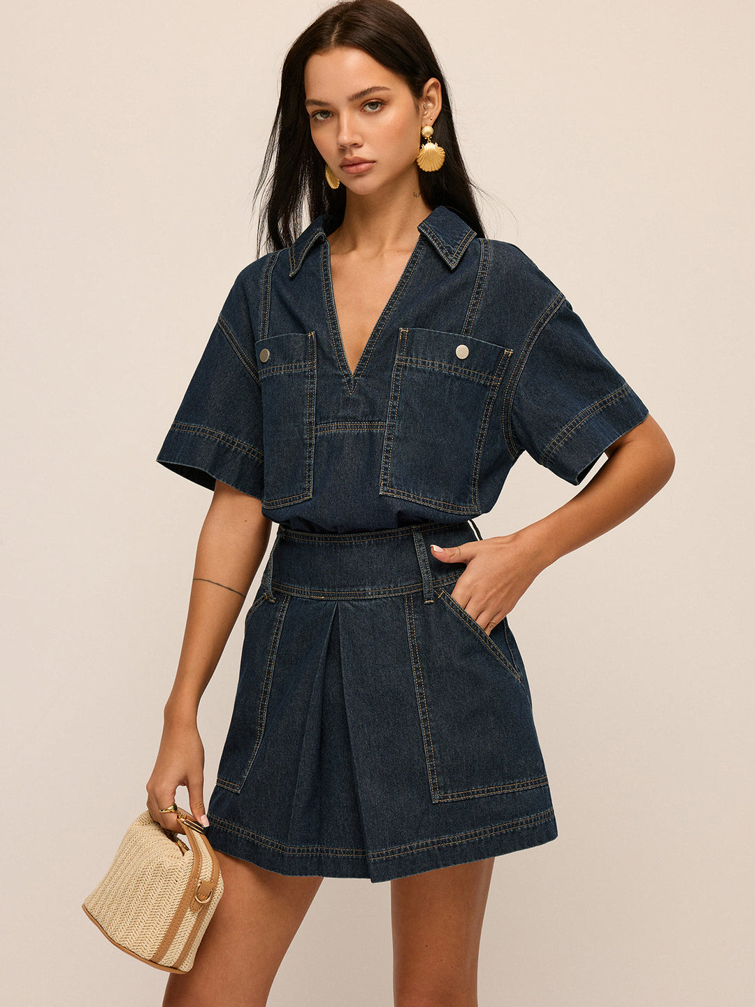 Short Sleeve Denim Blouse &amp; Mini Skirt Set