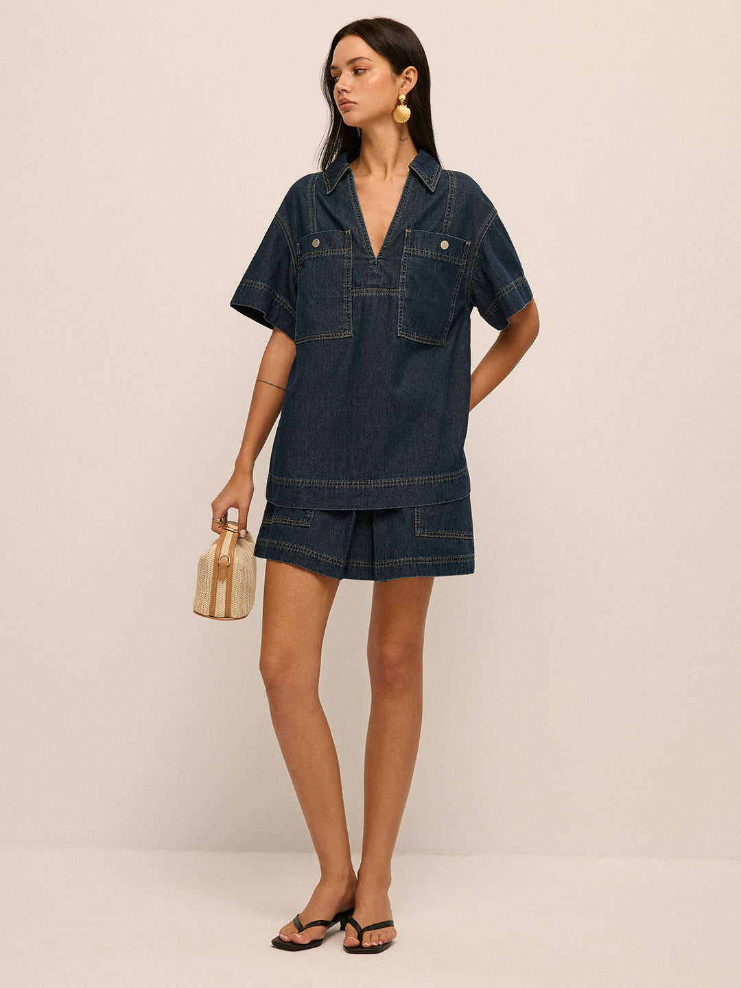 Short Sleeve Denim Blouse &amp; Mini Skirt Set