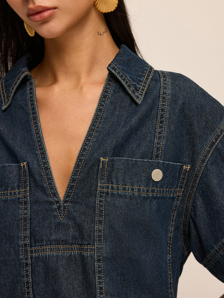 Short Sleeve Denim Blouse &amp; Mini Skirt Set
