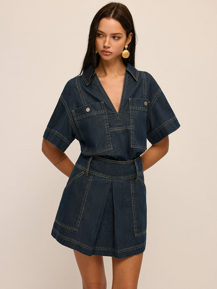 Short Sleeve Denim Blouse &amp; Mini Skirt Set