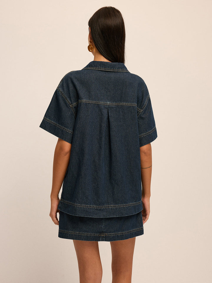 Short Sleeve Denim Blouse &amp; Mini Skirt Set