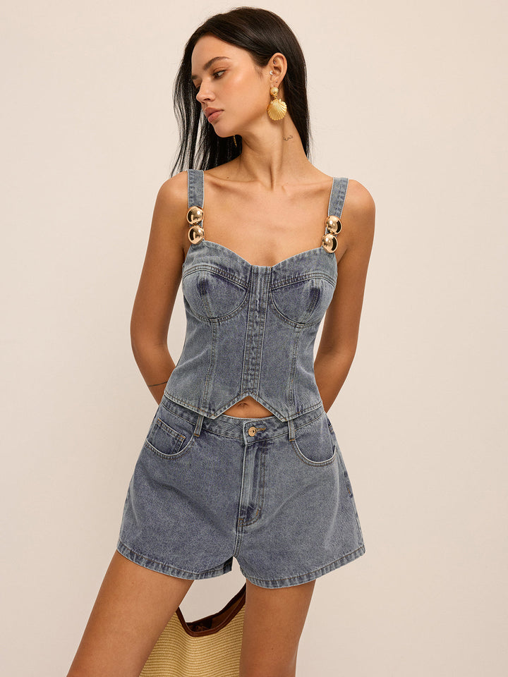 Metal Detail Denim Corset Top &amp; Shorts Set