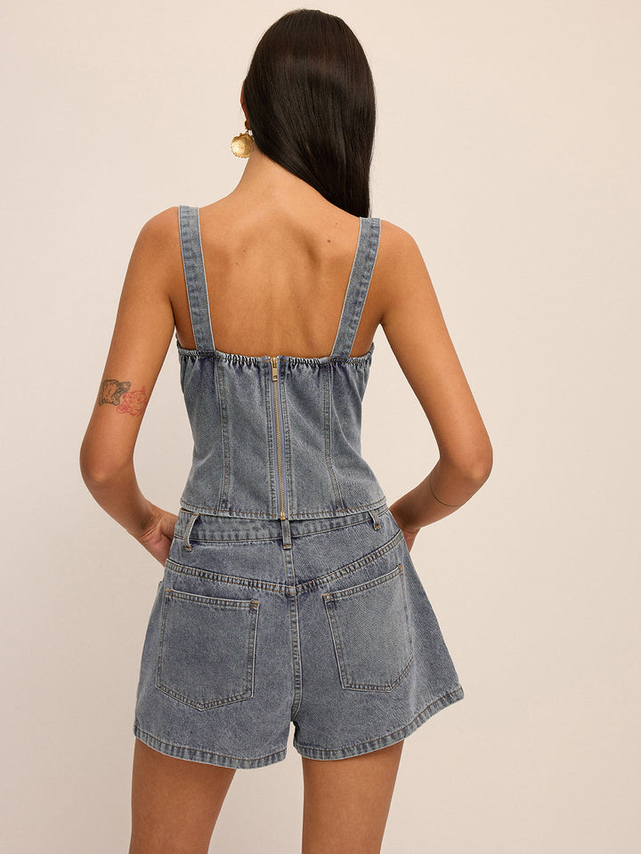 Metal Detail Denim Corset Top &amp; Shorts Set