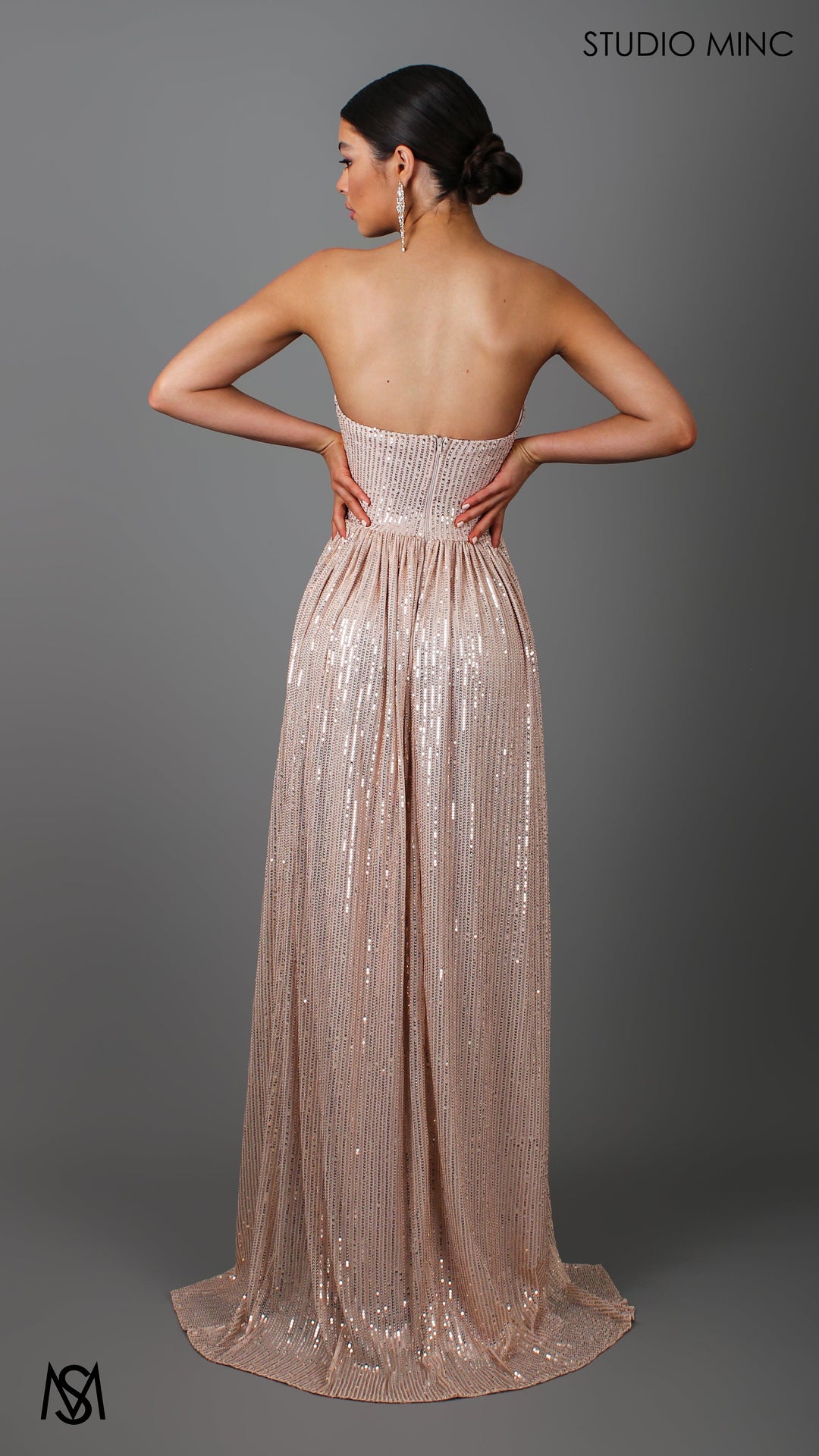 CRUSH - Champagne Gold Sequin Formal Dress with Corset &amp; Arm Drapes