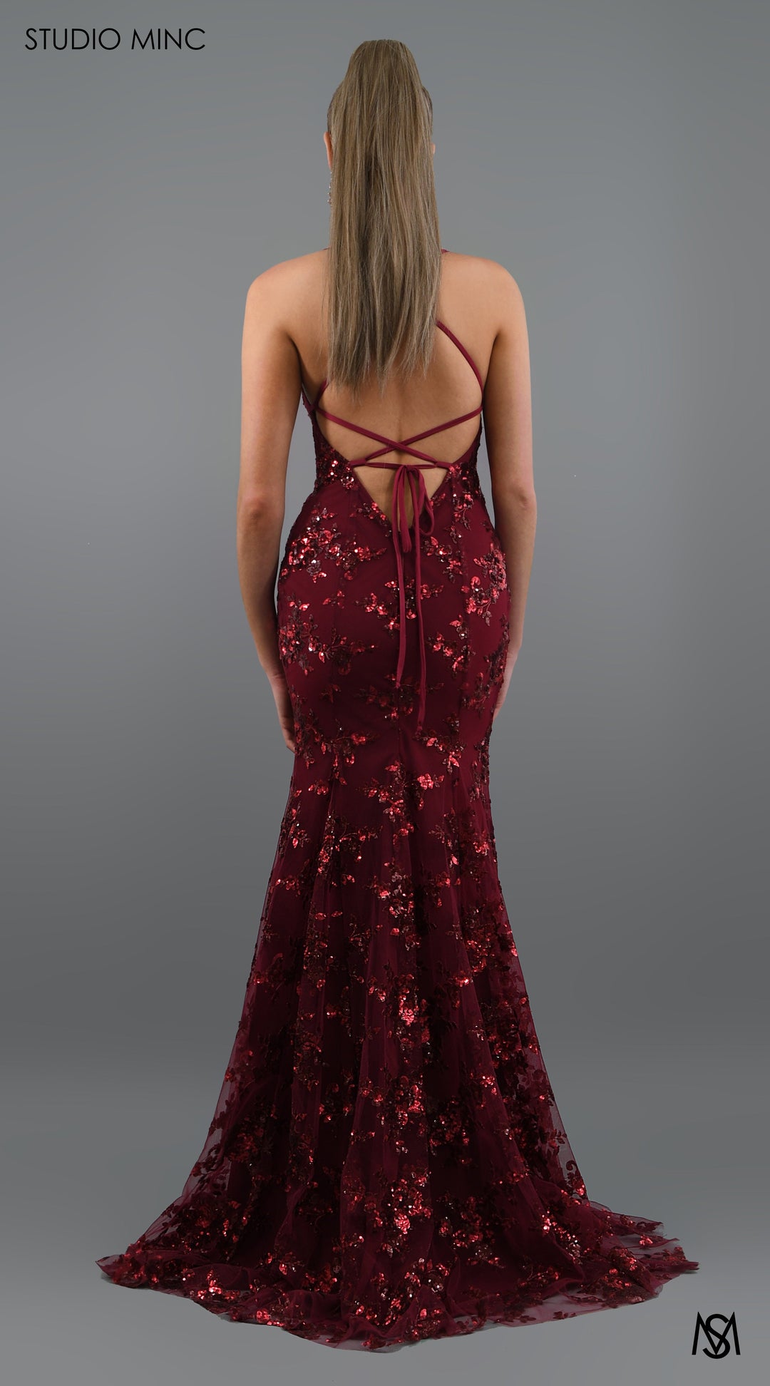 JADORE - Cherry Red Formal Dress with Sequin Overlay &amp; Backless Lace Up