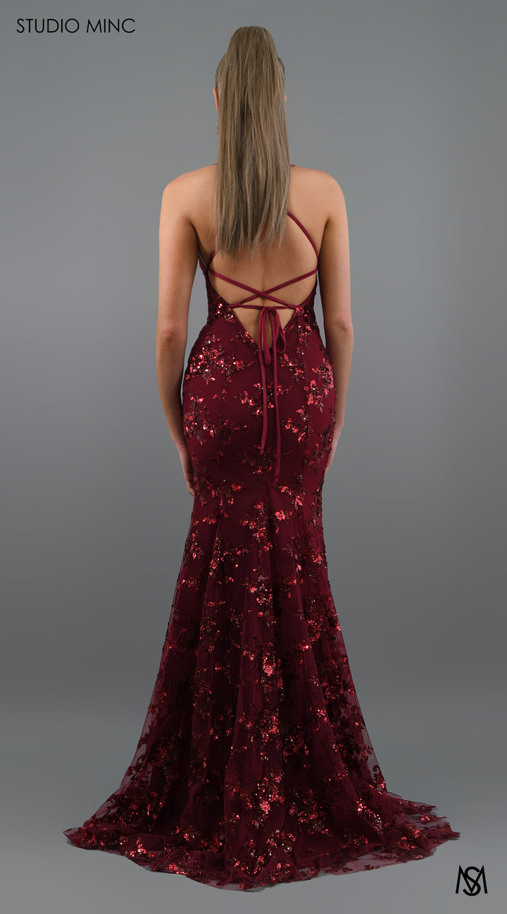 JADORE - Cherry Red Formal Dress with Sequin Overlay &amp; Backless Lace Up