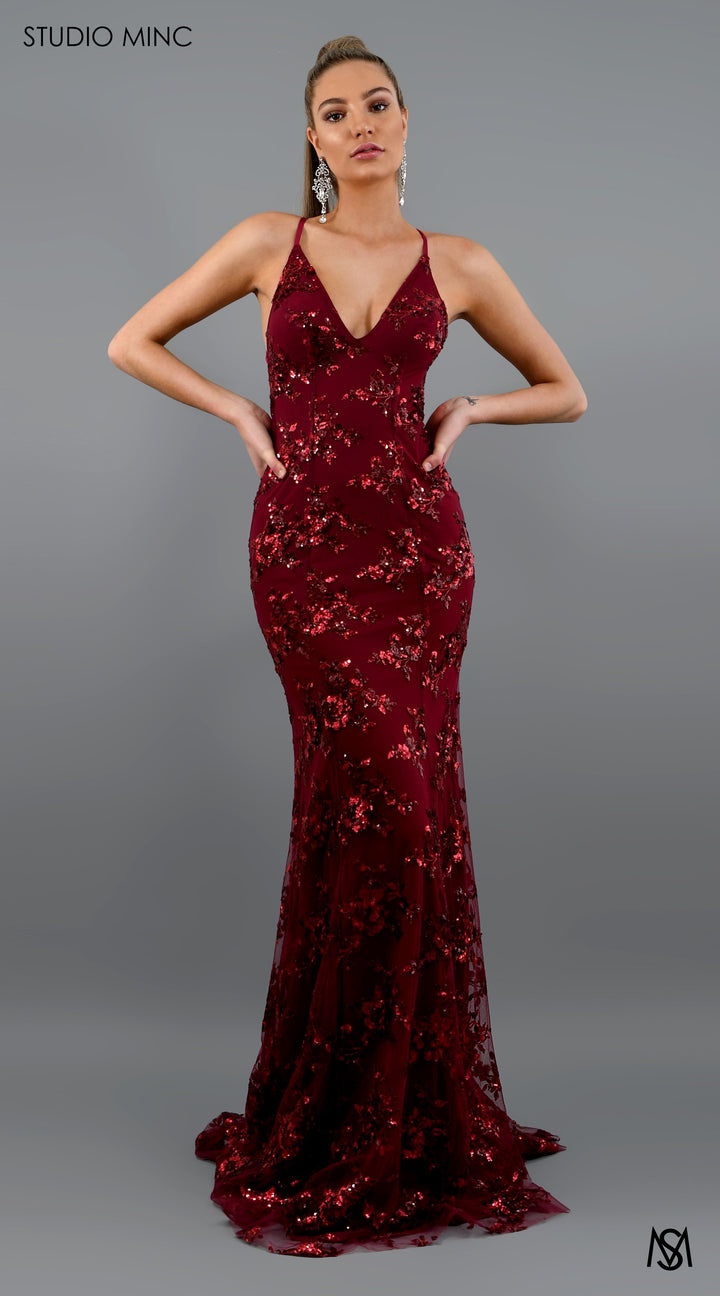 JADORE - Cherry Red Formal Dress with Sequin Overlay &amp; Backless Lace Up