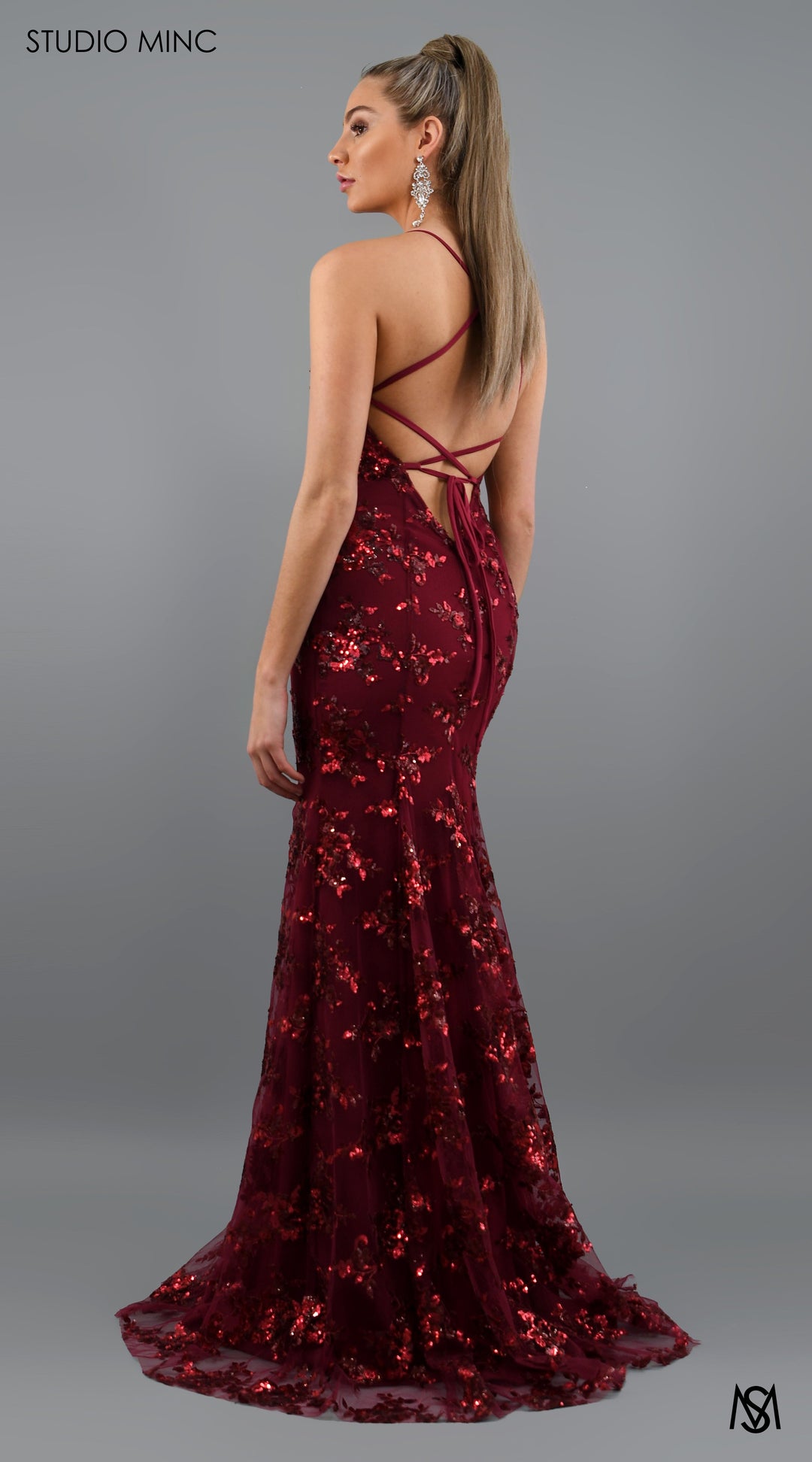 JADORE - Cherry Red Formal Dress with Sequin Overlay &amp; Backless Lace Up