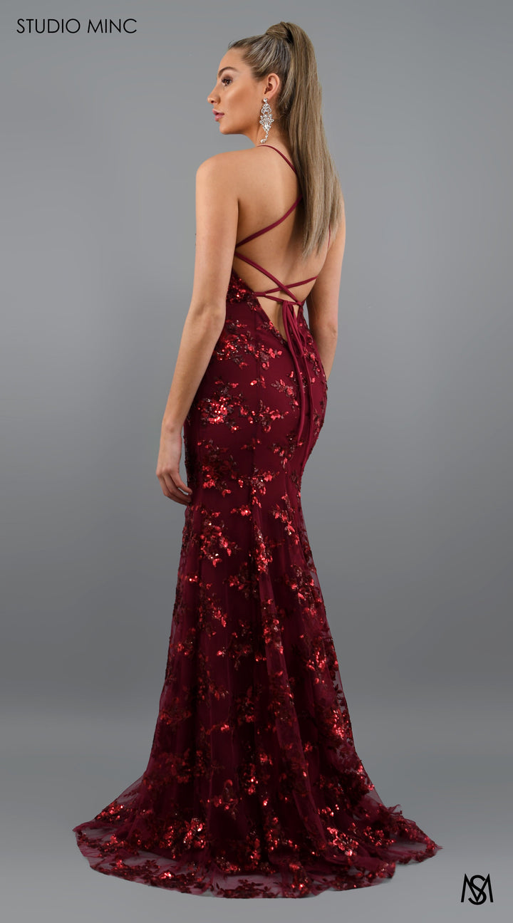 JADORE - Cherry Red Formal Dress with Sequin Overlay &amp; Backless Lace Up
