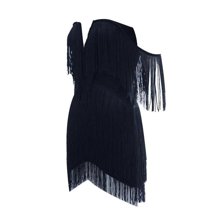 Celestial Chic Black Tassel Off-Shoulder Mini Dress
