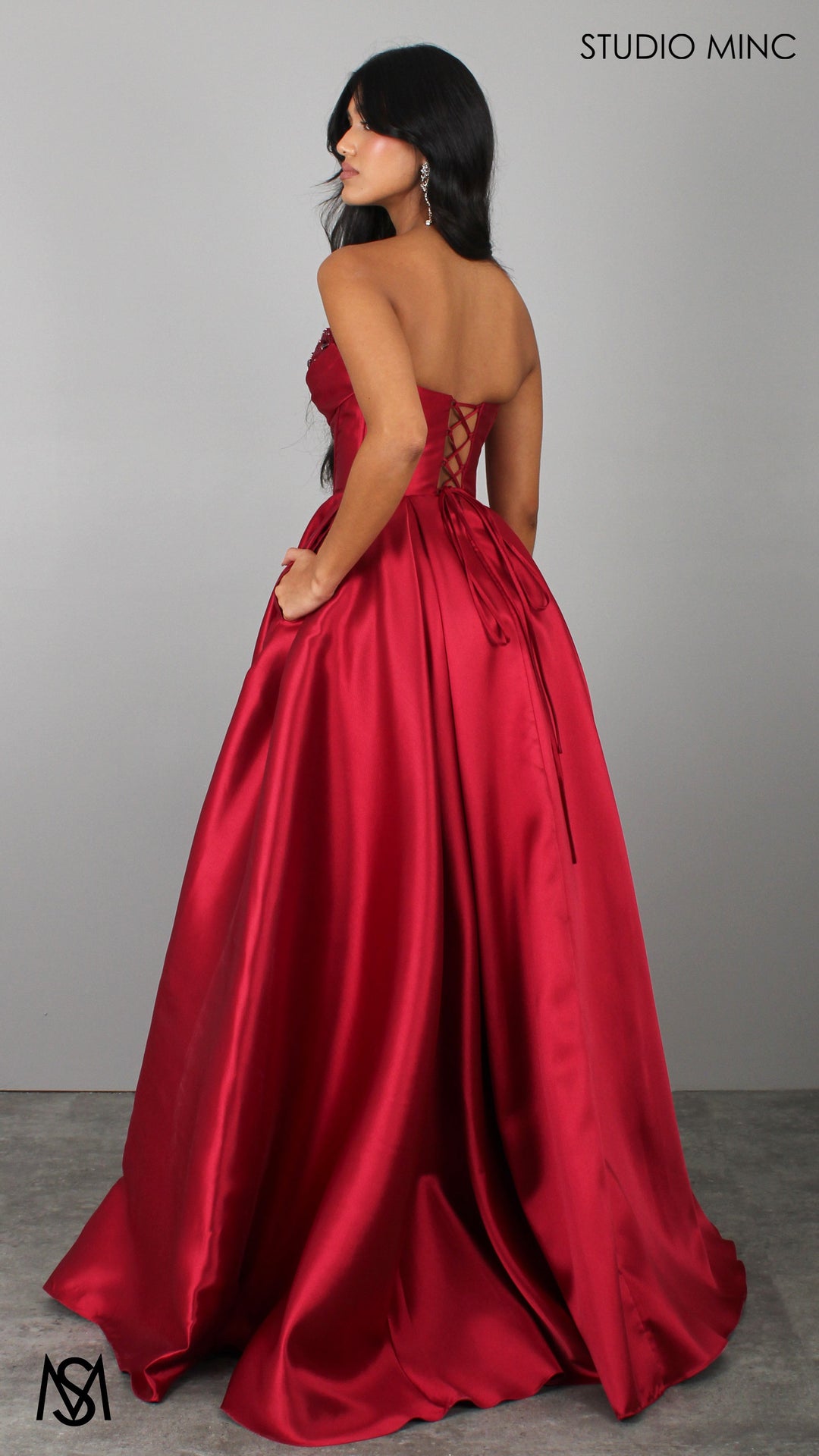 Royal - Cherry Deep Red Formal Dress, Strapless Corset Beaded bodice, Satin Mikado Gown