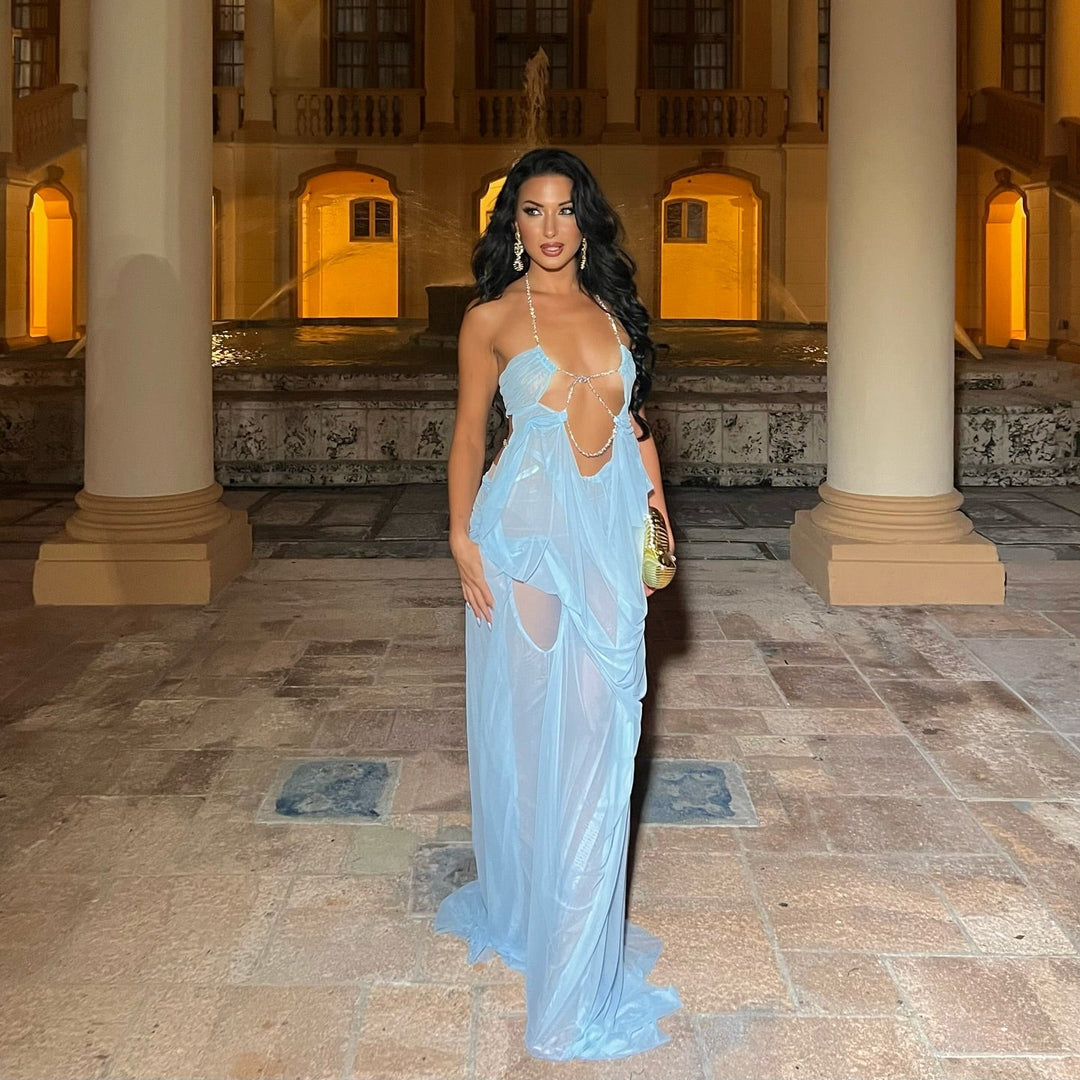 Coral Cascade Sheer Draped Light Blue Maxi Dress With Crystal Detail