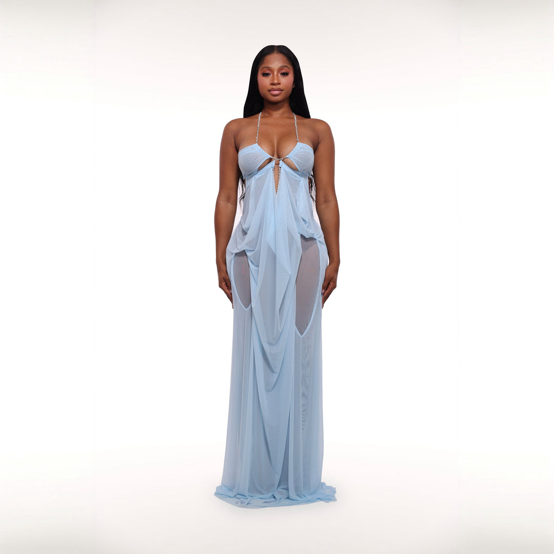 Coral Cascade Sheer Draped Light Blue Maxi Dress With Crystal Detail