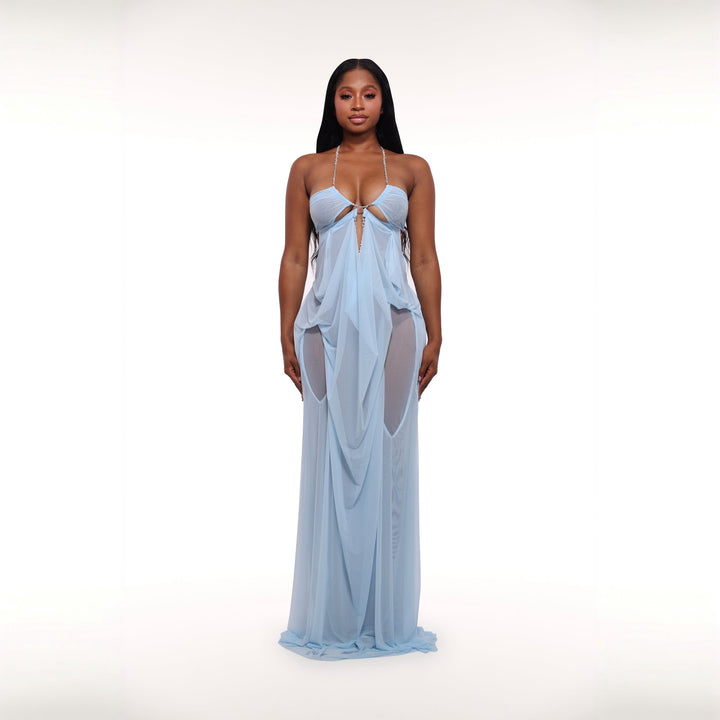 Coral Cascade Sheer Draped Light Blue Maxi Dress With Crystal Detail