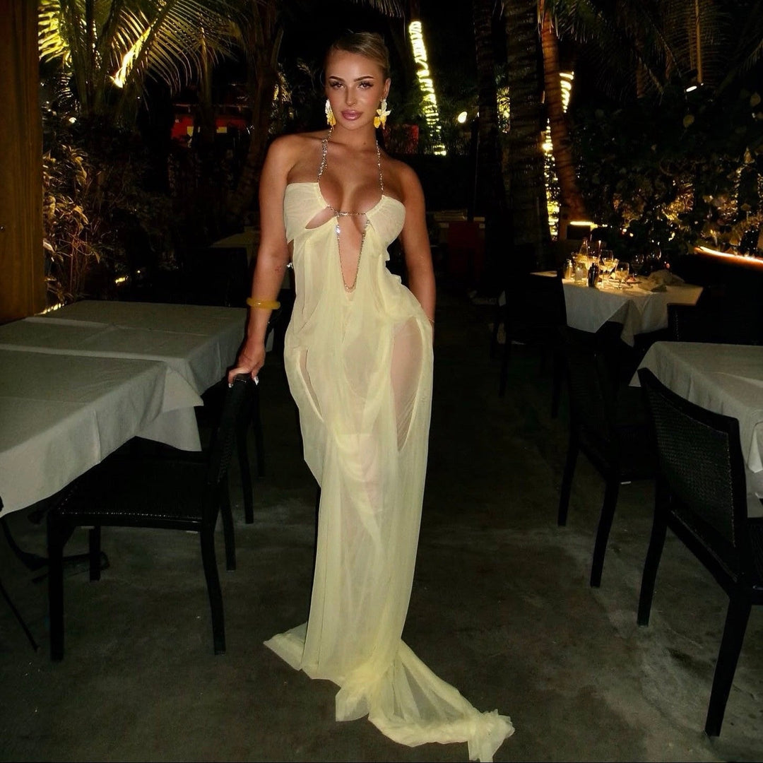 Coral Cascade Sheer Draped Yellow Maxi Dress With Crystal Detail