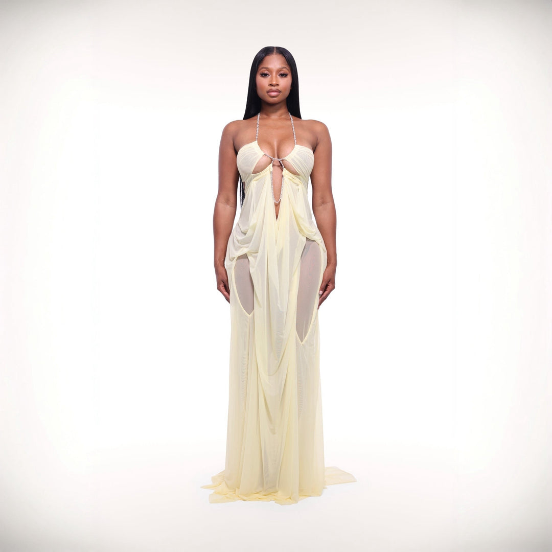 Coral Cascade Sheer Draped Yellow Maxi Dress With Crystal Detail