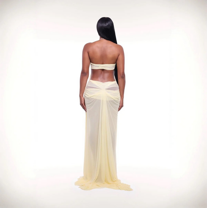 Coral Cascade Sheer Draped Yellow Maxi Dress With Crystal Detail