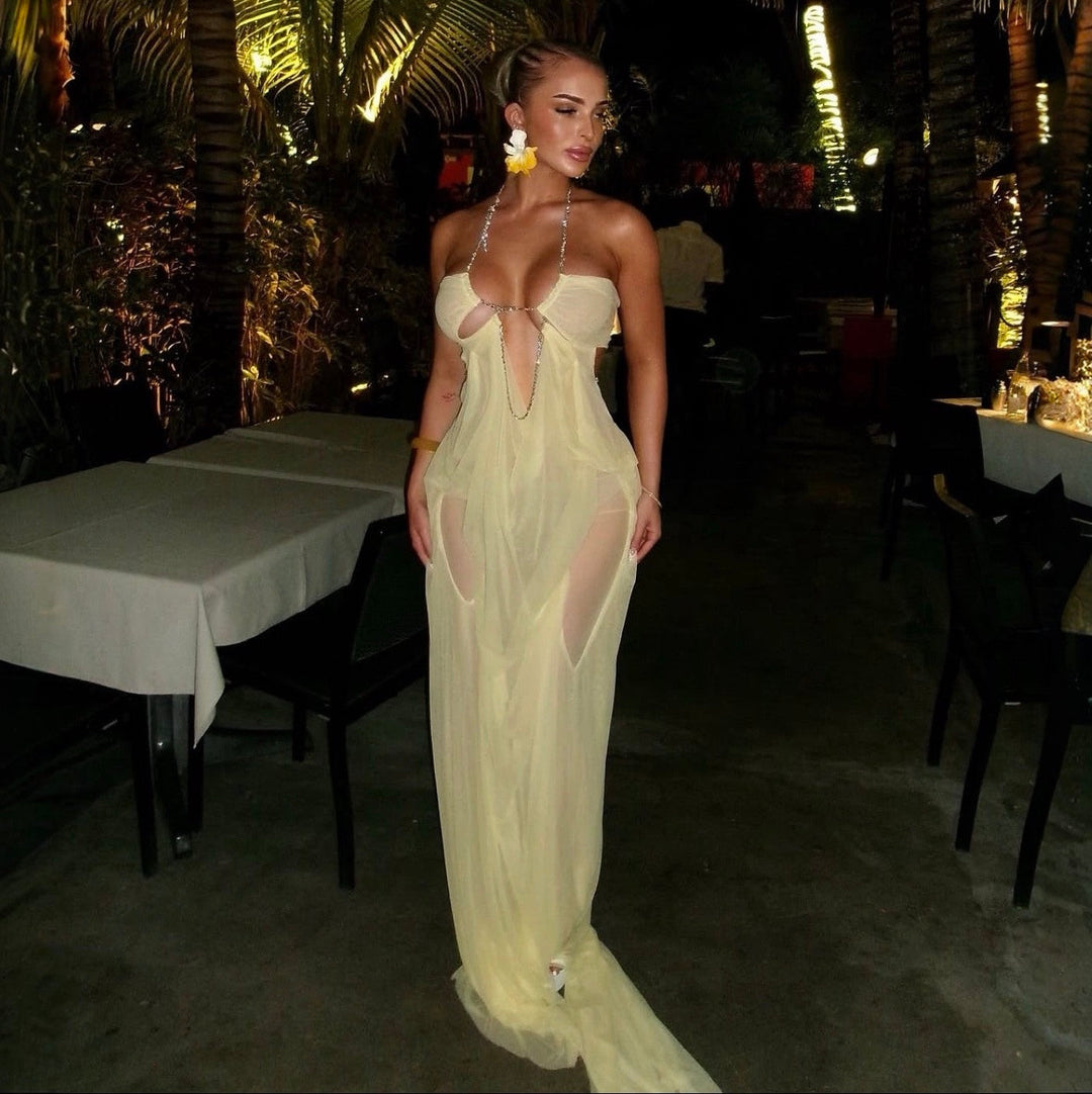Coral Cascade Sheer Draped Yellow Maxi Dress With Crystal Detail
