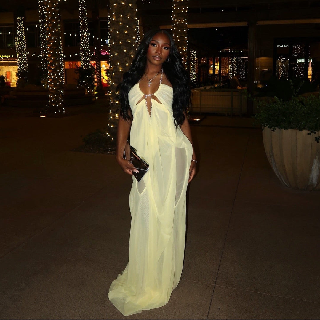 Coral Cascade Sheer Draped Yellow Maxi Dress With Crystal Detail