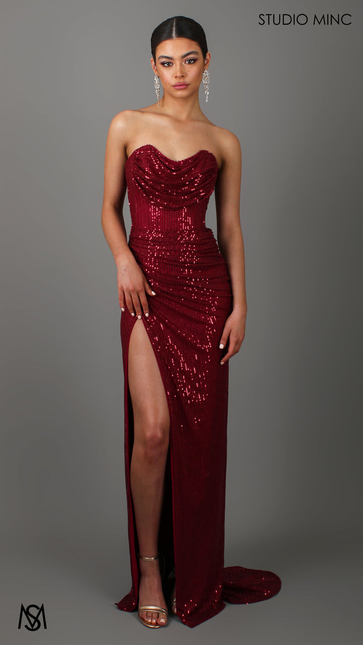MUSE - Ruby Red Sequin Formal Dress with Strapless Corset &amp; Leg Split