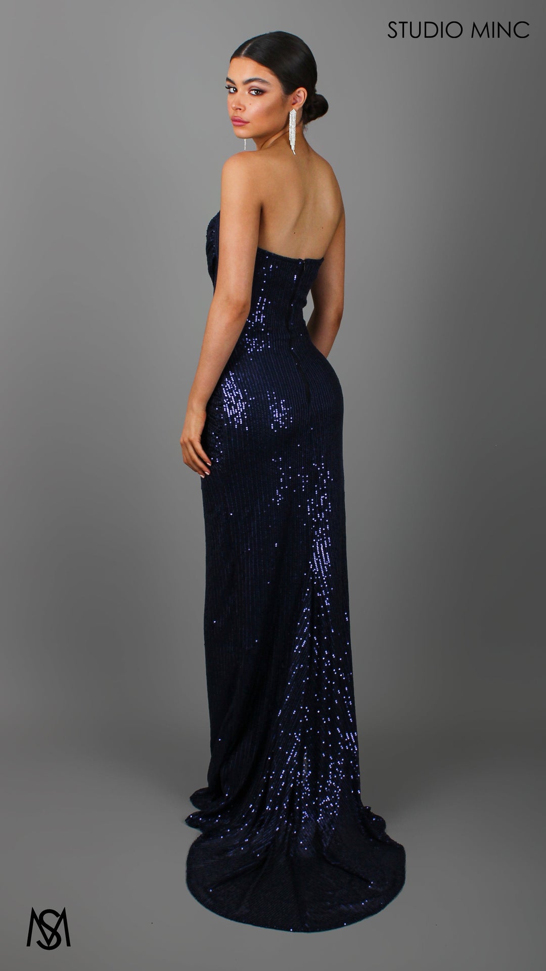 MUSE - Navy Blue Sequin Formal Dress with Strapless Corset &amp; Leg Split
