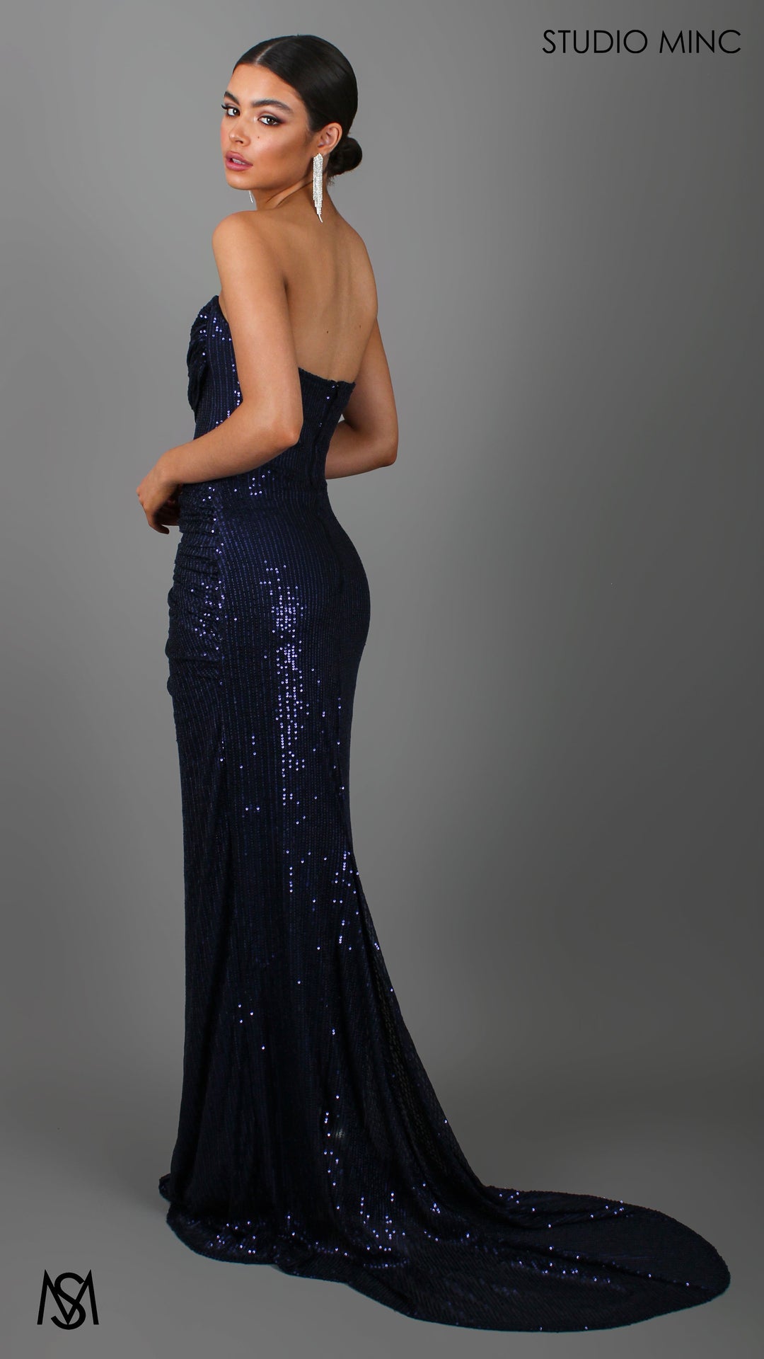 MUSE - Navy Blue Sequin Formal Dress with Strapless Corset &amp; Leg Split