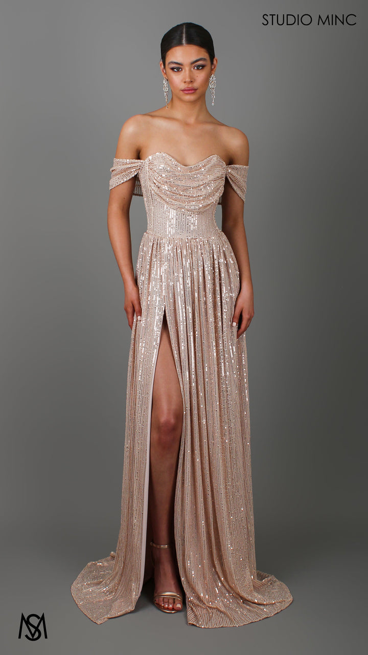 CRUSH - Champagne Gold Sequin Formal Dress with Corset &amp; Arm Drapes
