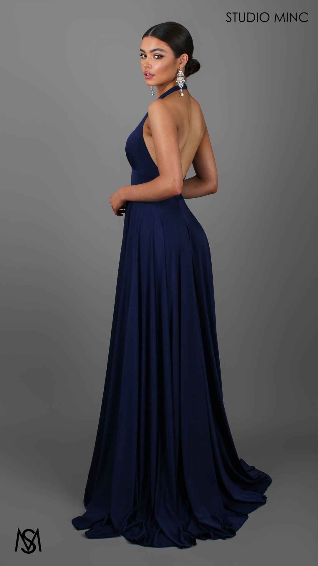 LOVE - Navy Blue Flowy Formal Dress with Plunge Neckline &amp; Leg Split