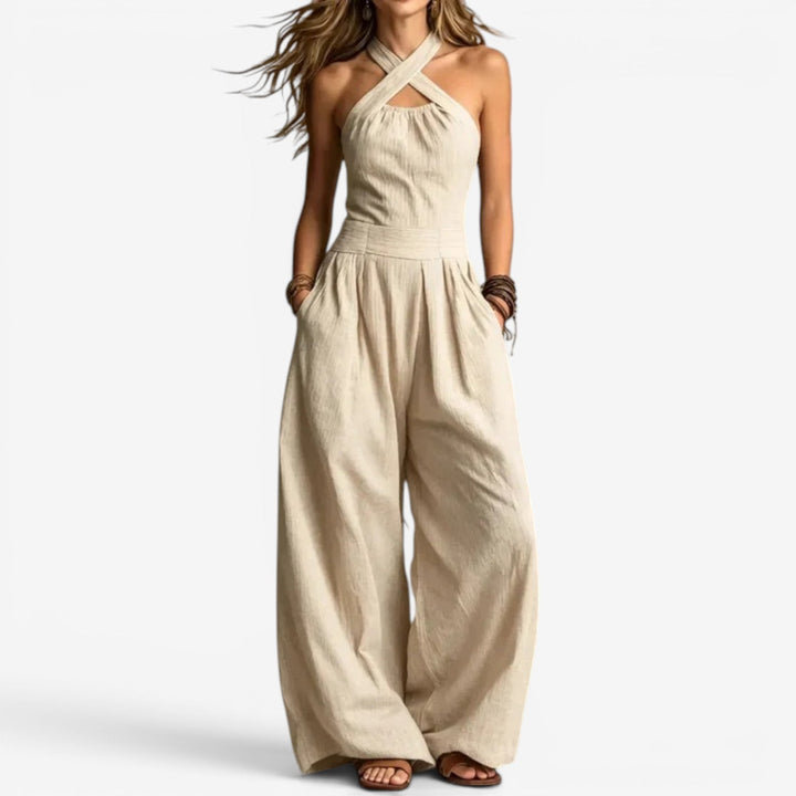 Wide-Leg Jumpsuit — Crossover Neckline