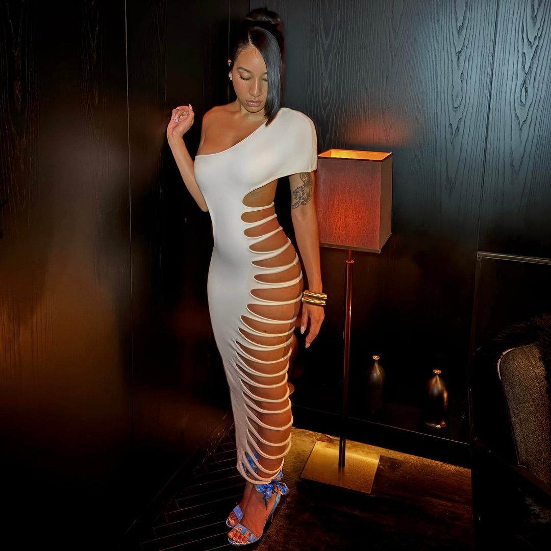 Fantasy One Shoulder White Bodycon Slit Maxi Dress