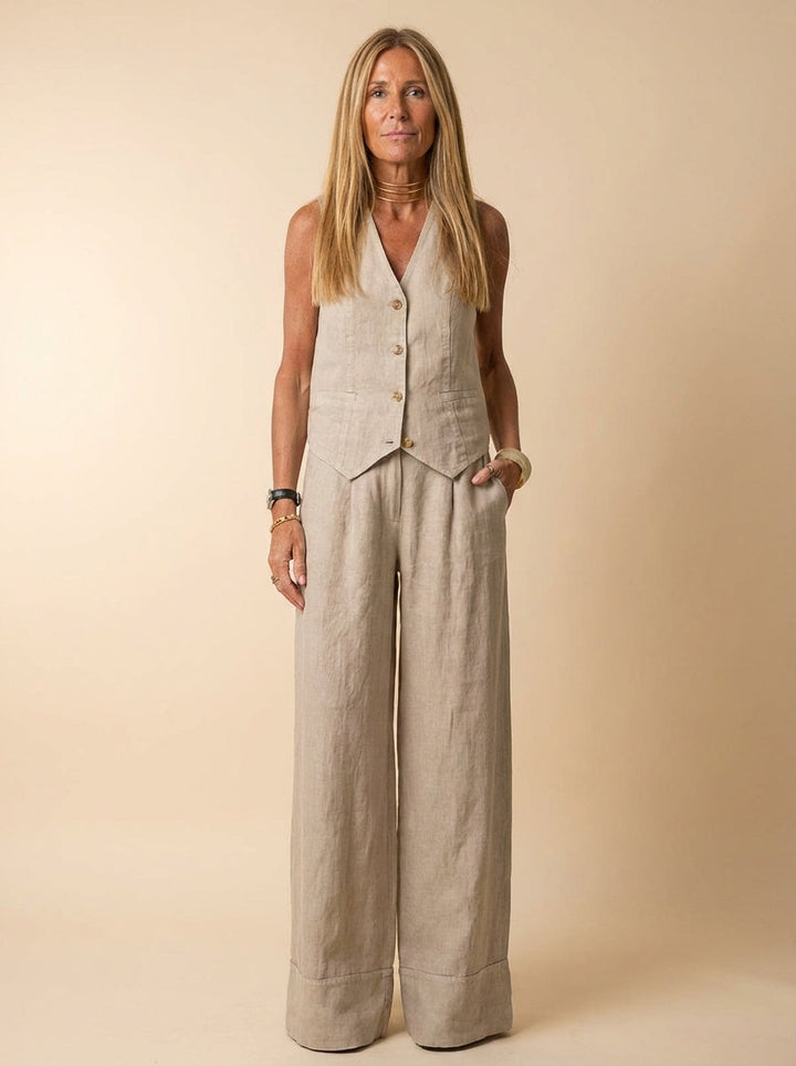 Tailored Linen-Texture Vest and Wide-Leg Trouser Co-ord Set