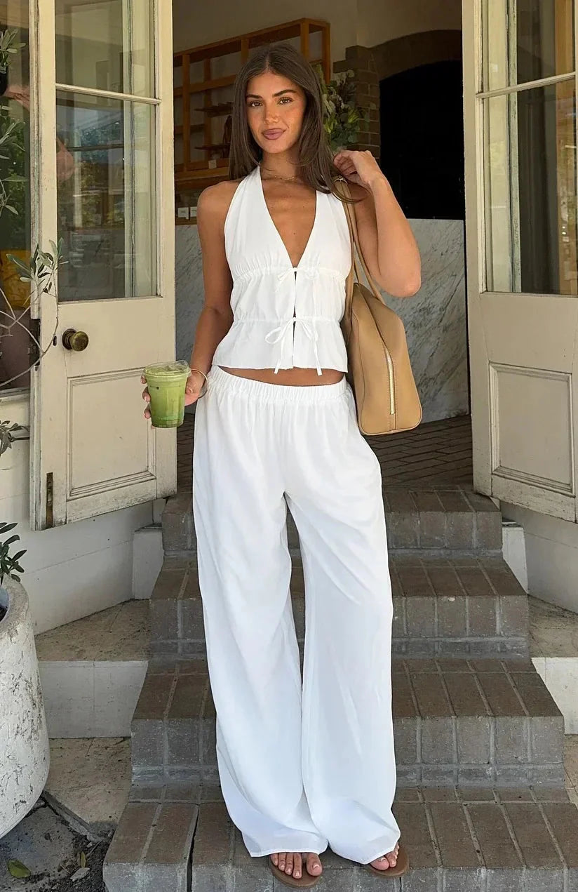 Izzy | Halter Crop Top Wide Leg Pants Set