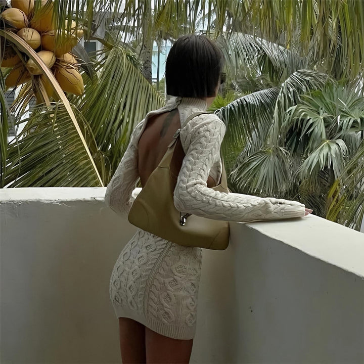 Buttermilk Knitted Long Sleeve Backless Mini Dress