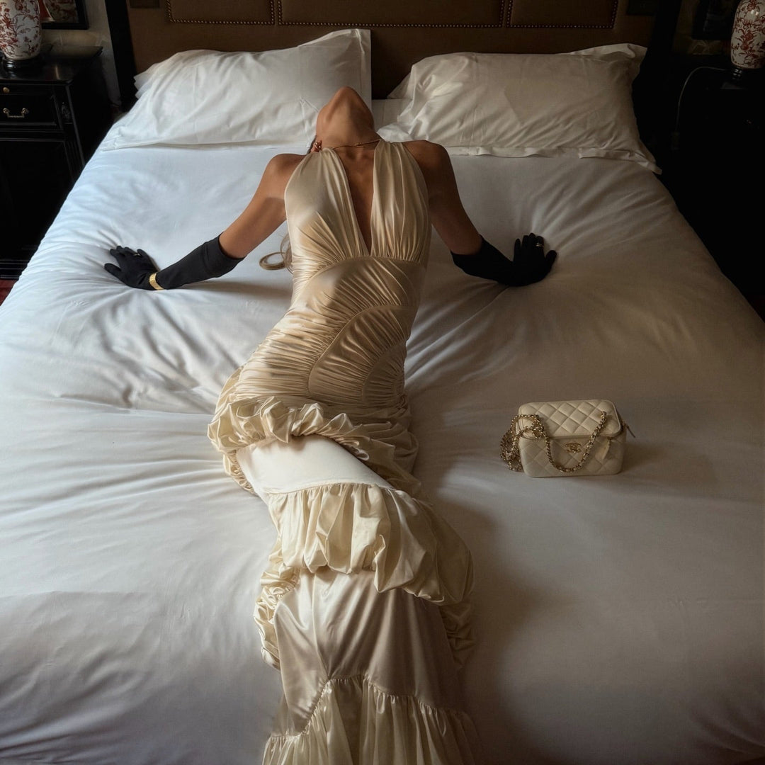 Innocence Ivory Sculpted Silk Halter Maxi Dress