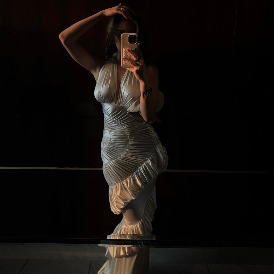 Innocence Ivory Sculpted Silk Halter Maxi Dress